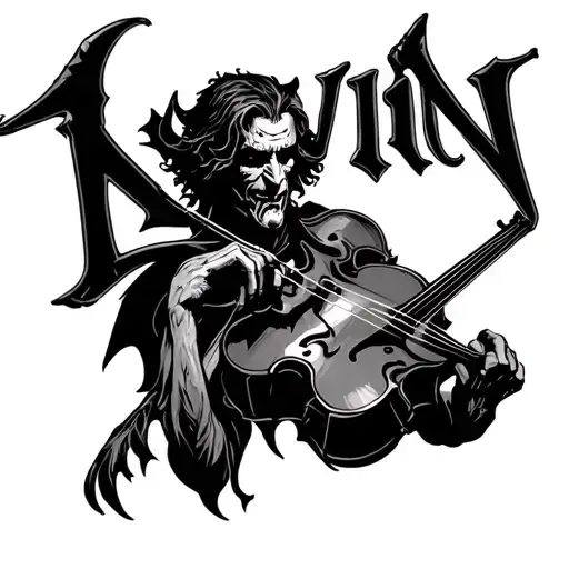 The Name "Kevin" in goth style tattoo with fiddle played by the devil tattoo design idea