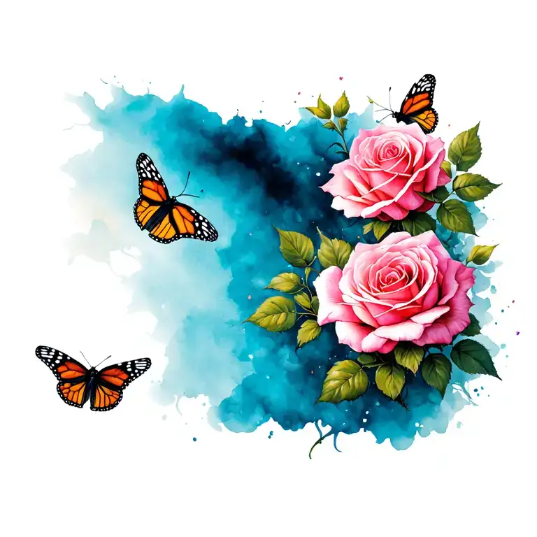 realistic pink rose and monarch butterflies fluttering tattoo design idea