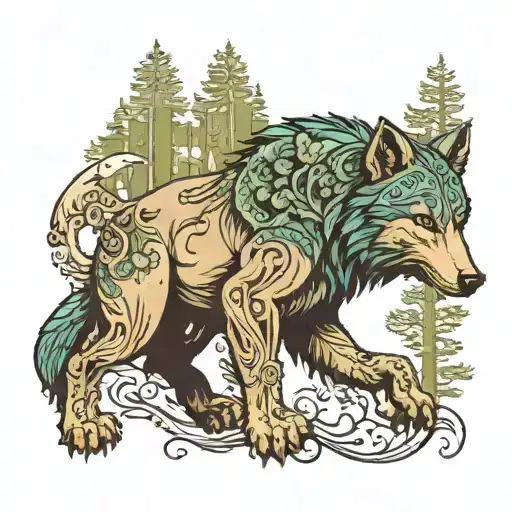 A mythical creature inspired by Norse folklore, combining the strength and wisdom of a wolf and bear, set in a lush forest with ancient ruins in the background tattoo design idea