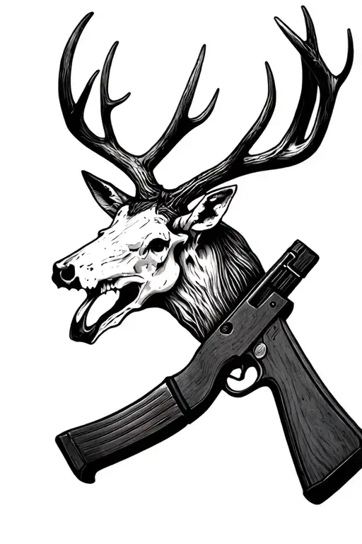simple front facing deer skull with a rifle across antlers tattoo design idea