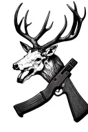 simple front facing deer skull with a rifle across antlers tattoo design idea