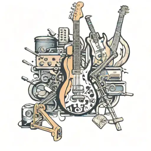 An abstract composition of musical instruments and building materials merging together, reflecting the client's dual interests in music and construction tattoo design idea