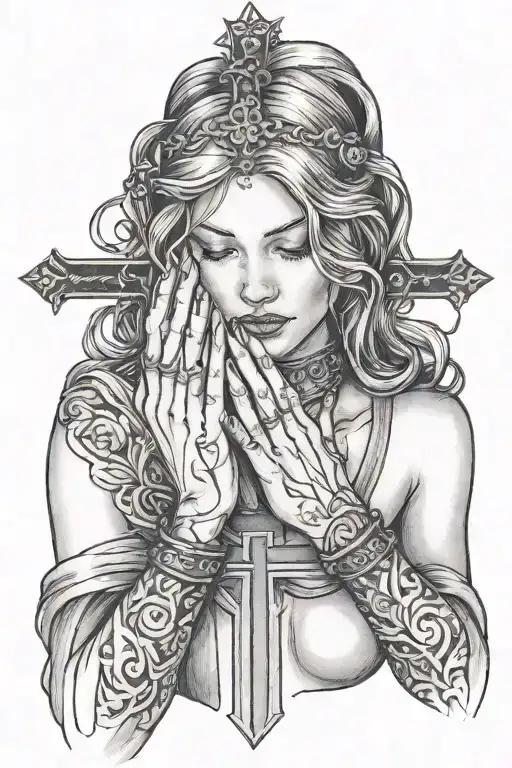 woman praying with cross necklace wrapped around hand tattoo design idea