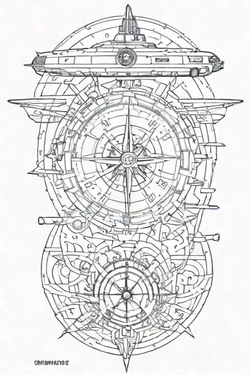 submarine, trident, compass, coordinates, tattoo design idea