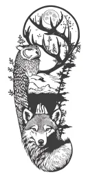 nature, bear, deer, owl, wolf howling at the moon tattoo design idea
