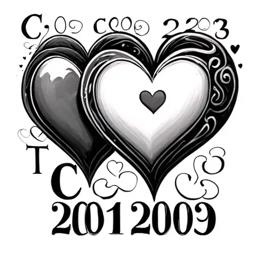 3 hearts that follow each other with letter C and 2001 other with T and 2003 and the last with C and 2009 tattoo design idea