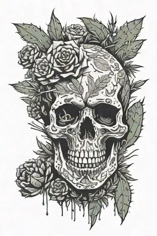 calavera looking down. cactus exploding upwards from skull head nopal cactus cacti lots of cacti  tattoo design idea