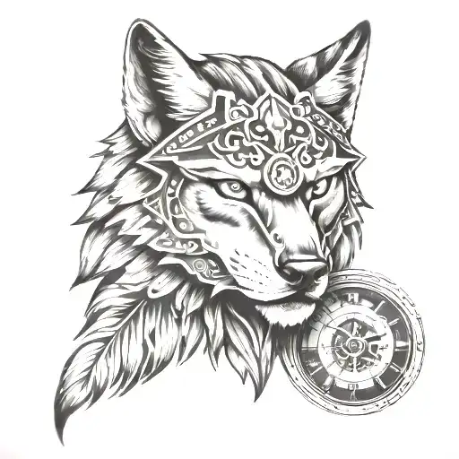 Nordic tattoo over shoulder chest tattoo - wolf head, spartan helmet, roman clock tattoo design idea