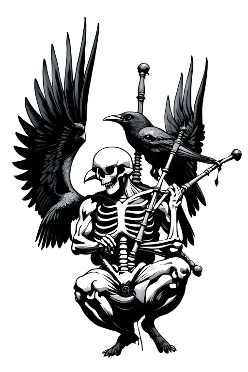 winged muscular skeleton playing bagpipes crows tattoo design idea