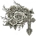 cross with rosary and roses and thorns tattoo design idea
