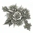 cross with rosary and roses and thorns tattoo design idea