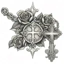 cross with rosary and roses and thorns tattoo design idea