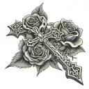 cross with rosary and roses and thorns tattoo design idea