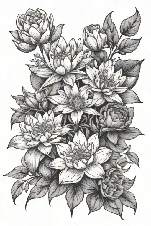 Daisy, larkspur, water lily, rose, honeysuckle, sweet pea tattoo design idea