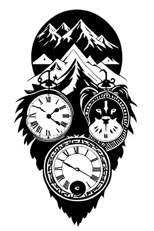 lion and three clocks and mountains tattoo design idea