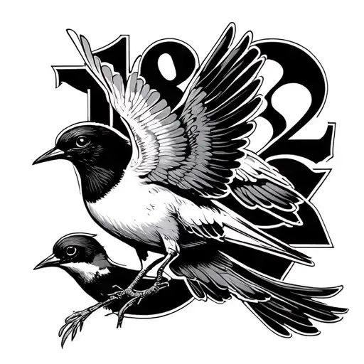 Thin line work with numbers 1882, a swallow bird and some sort of greek mythology tattoo design idea