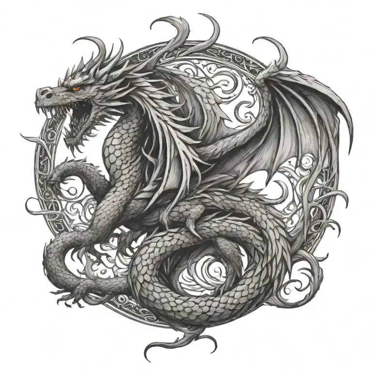 A majestic dragon intertwined with a mystical phoenix in a fierce battle tattoo design idea