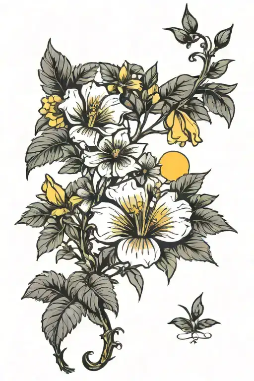 palmetto tree, roses, violets, yellow jasmine, California poppies tattoo design idea