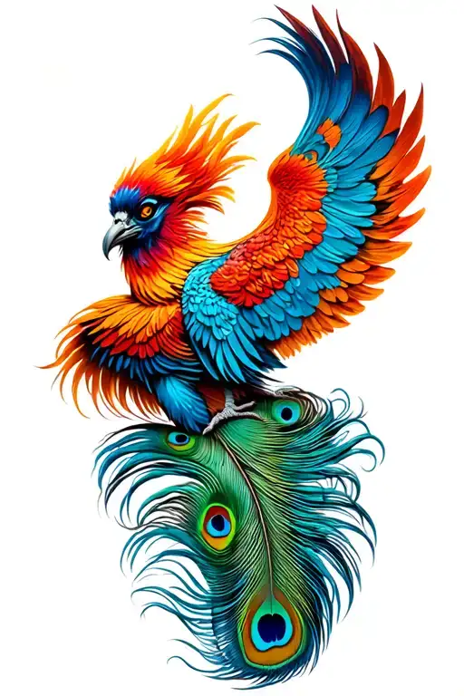  front view phoenix bird with twowings spread peacock feather tail tattoo design idea