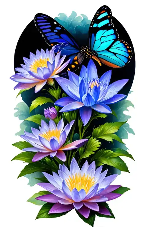 2 butterflies with larkspur & waterlily blooming tattoo design idea