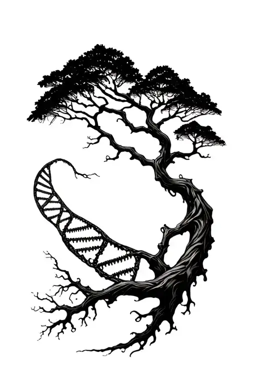 Hyper‑stylized Tree of Life tattoo in black ink, with the trunk shaped from a twisting DNA double helix  tattoo design idea