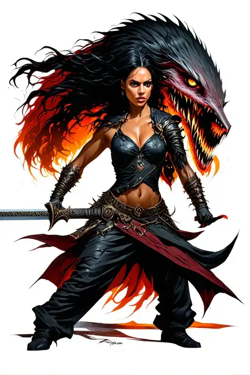 black warrior woman good with steal sword she is  fighting a monster tattoo design idea