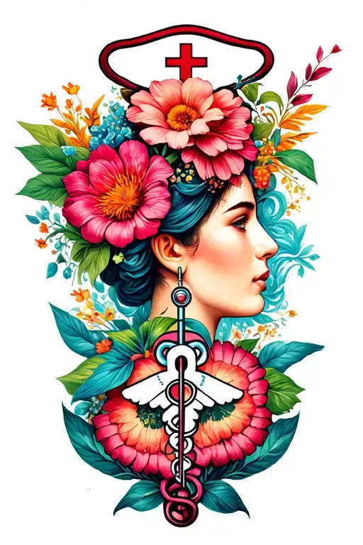 nurse symbol with floral patterns tattoo design idea