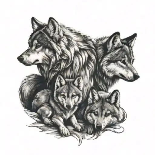 2 baby wolves and mom and dad tattoo design idea