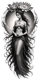 timeless nature inspired ancient goddess with a lotus flower emanating from the heart.  The light ephemeral tattoo design idea