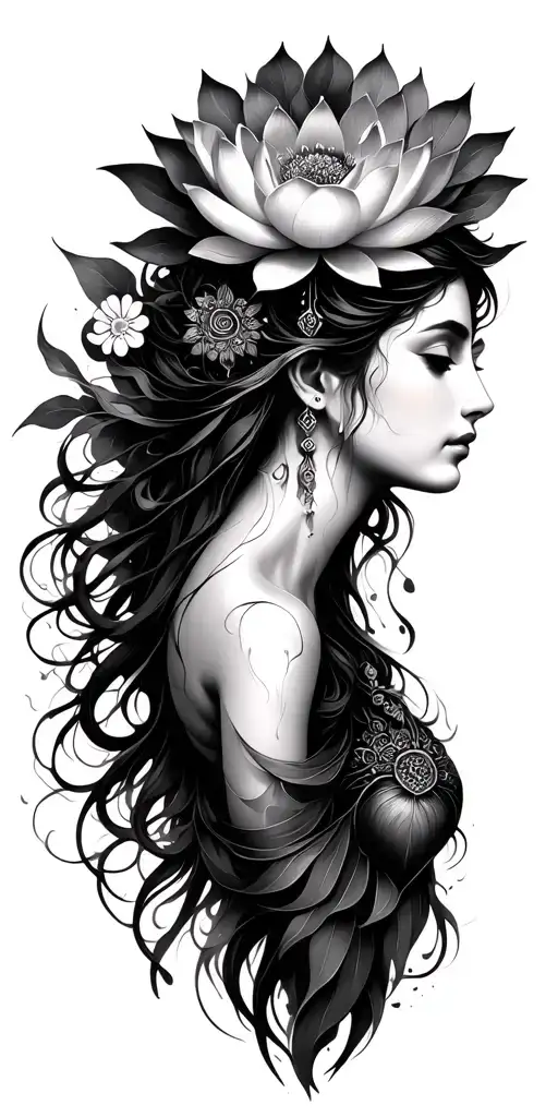timeless nature inspired ancient goddess with a lotus flower emanating from the heart.  The light ephemeral tattoo design idea