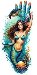underwater ocean scape scene with turtle, jelly fish and mermaid tattoo design idea