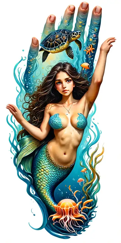 underwater ocean scape scene with turtle, jelly fish and mermaid tattoo design idea