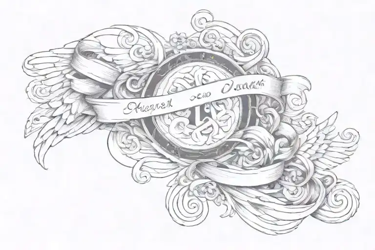 angel wings, ribbon, birth and death dates, fingerprints tattoo design idea