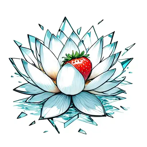 lotus flower surrounded by shards of glass with a strawberry on them tattoo design idea