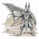 An Anubis-inspired assassin character wielding a Scottish claymore sword, set in a desert landscape reminiscent of Egypt tattoo design idea