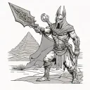 An Anubis-inspired assassin character wielding a Scottish claymore sword, set in a desert landscape reminiscent of Egypt tattoo design idea