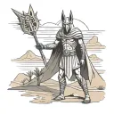 An Anubis-inspired assassin character wielding a Scottish claymore sword, set in a desert landscape reminiscent of Egypt tattoo design idea