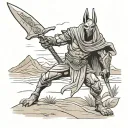 An Anubis-inspired assassin character wielding a Scottish claymore sword, set in a desert landscape reminiscent of Egypt tattoo design idea