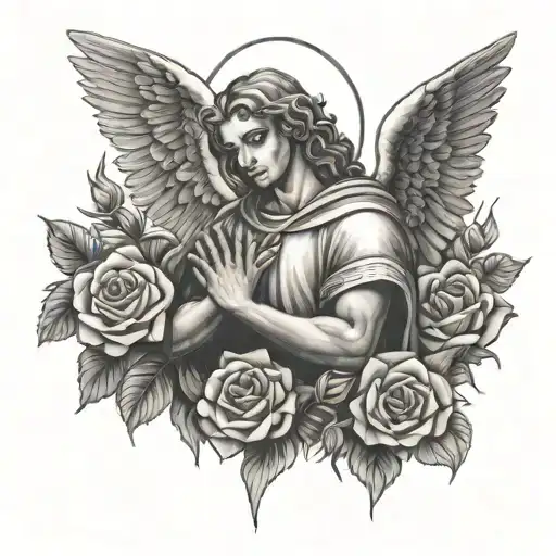 Archangel Uriel holding bible with Roses around him tattoo design idea