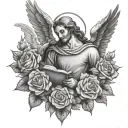 Archangel Uriel holding bible with Roses around him tattoo design idea