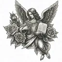 Archangel Uriel holding bible with Roses around him tattoo design idea