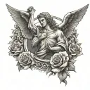 Archangel Uriel holding bible with Roses around him tattoo design idea