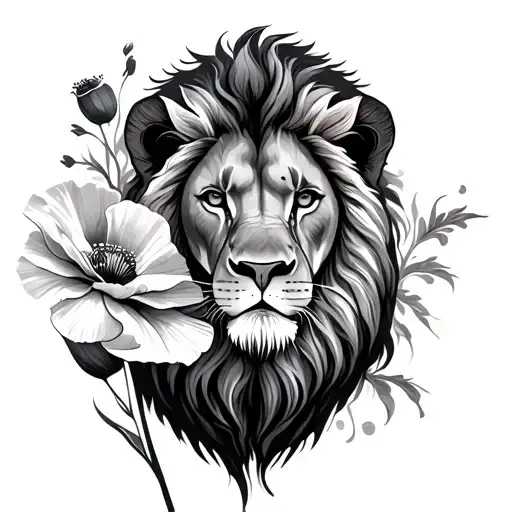 lion and poppy flower tattoo design idea