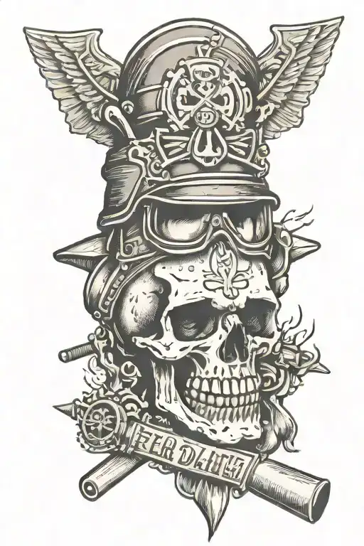 a skull in a helmet, with a grenade and dynamite, with the inscription at the top "do not fear death" and at the bottom "fear shame and dishonor". tattoo design idea