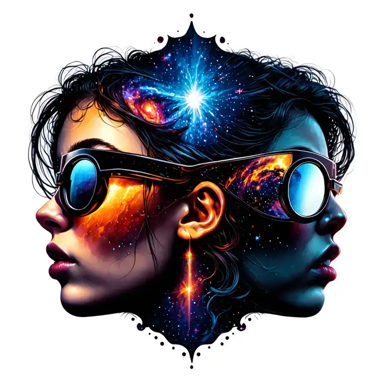 Girl in profile looking up with rave glases looking up with a universe pouring out of the glases tattoo design idea