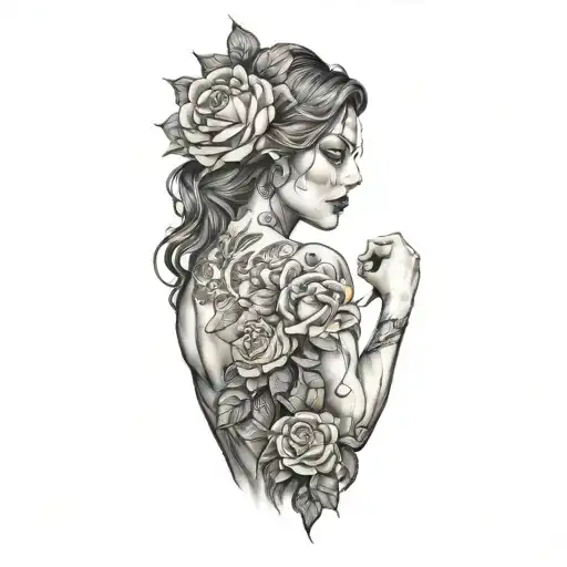 many girls fight with demons and roses and ornaments gothic tattoo design idea