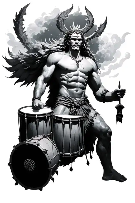 skarl the drummer god in the sky with ancient drums  tattoo design idea