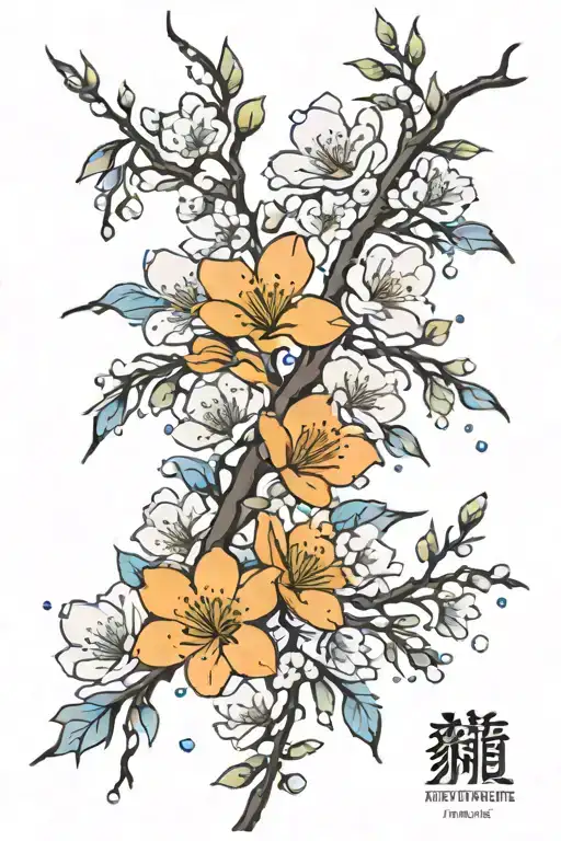 Cherry blossoms leaves falling, deep blue petals, light blue petals, purple petals, black branch. tattoo design idea