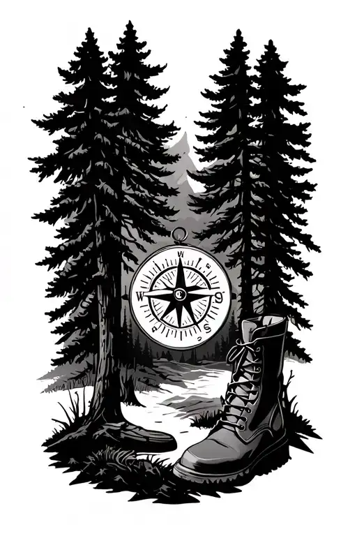 tattoo that has a compass, trees, boots, black hills, crazy hours, and has a forestry career vibe tattoo design idea