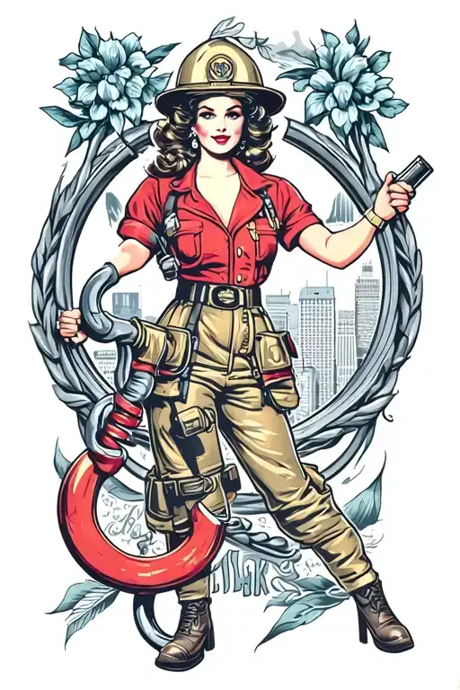 firefighter pin up girl holding New York hook tattoo design idea